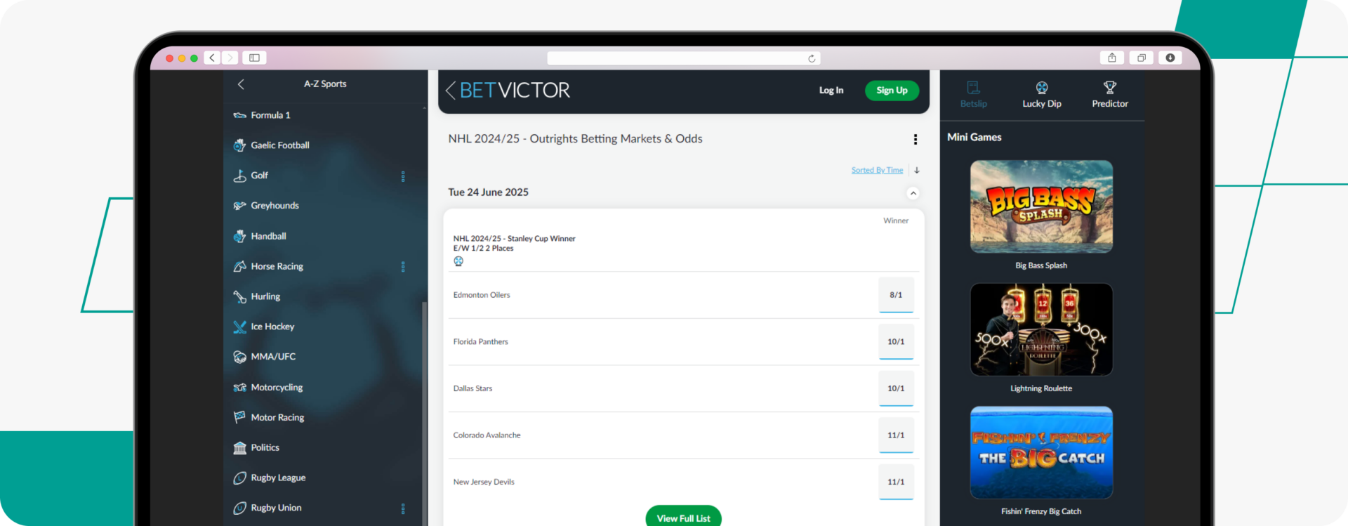 betvictor NHL screenshot desktop